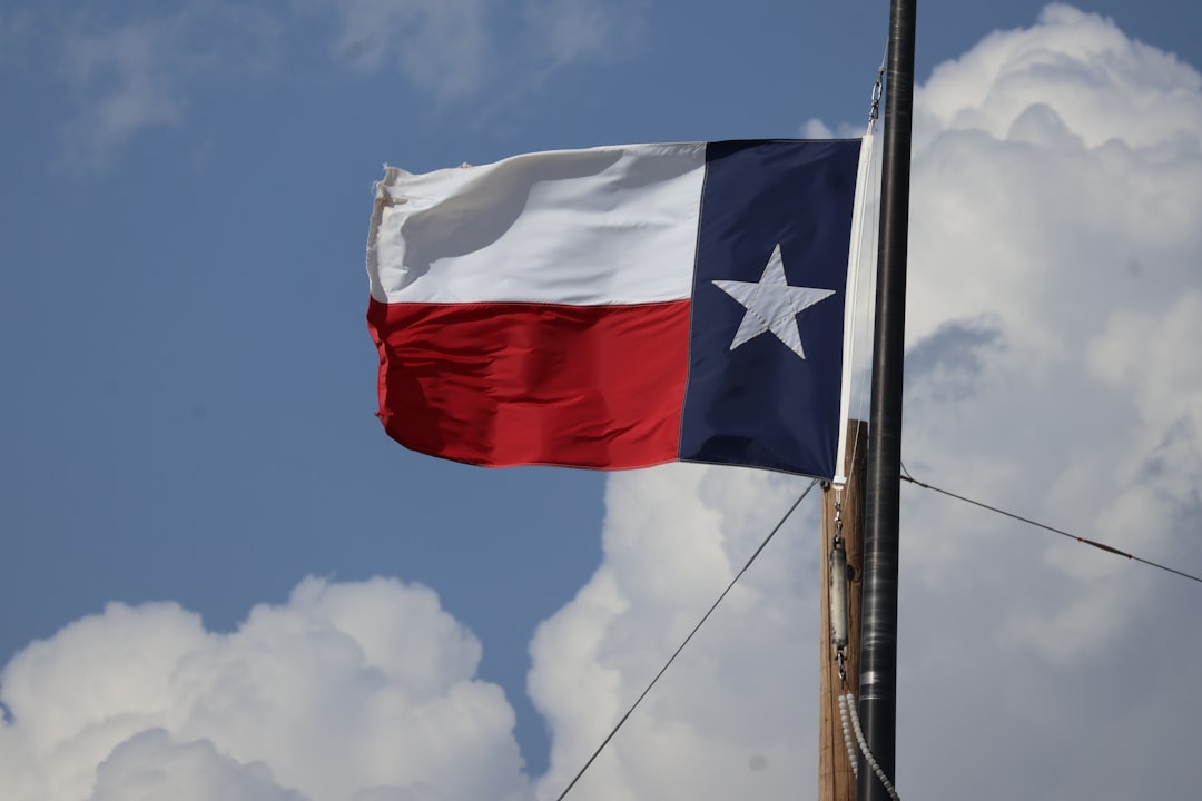 The texas flag flies proudly in the sky.